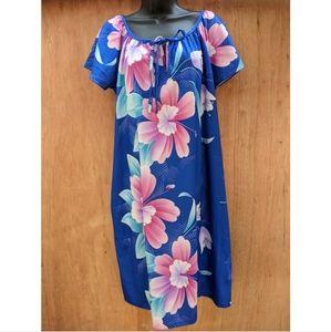 Vintage blue pink floral mumu shirt sleeve midi house dress large